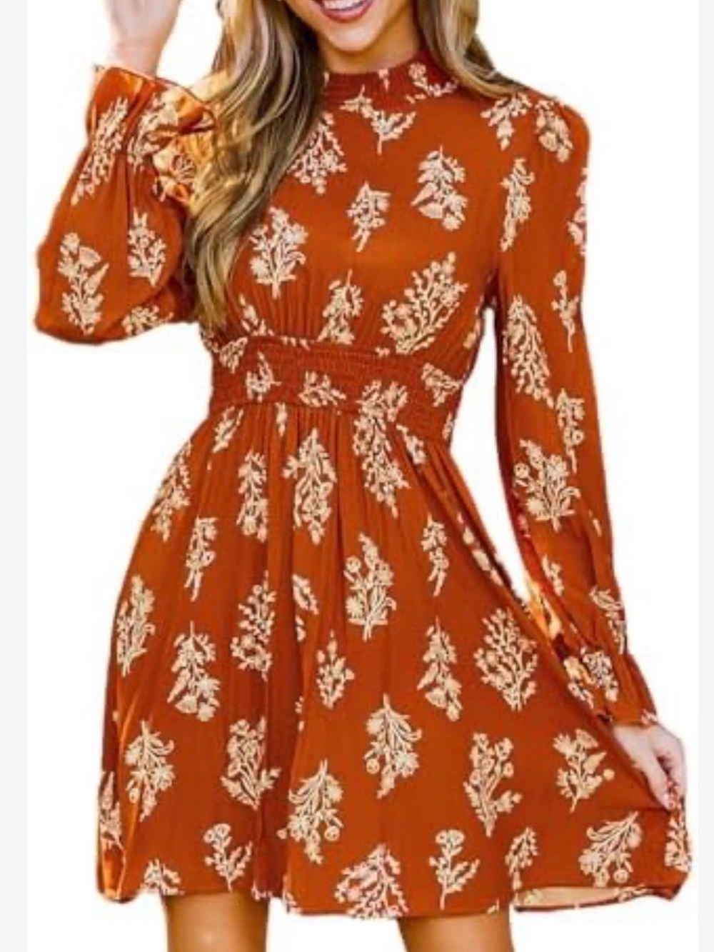 Cupshe Burnt Orange Floral Long-Sleeve Smocked Waist Dress